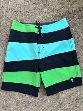 Volcom Aqua and Lime Block Stripe Boardshorts